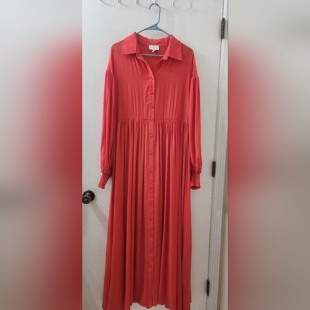 Palms Away Long Button-Front Red Maxi Dress with Collared‎ Neck, Small.